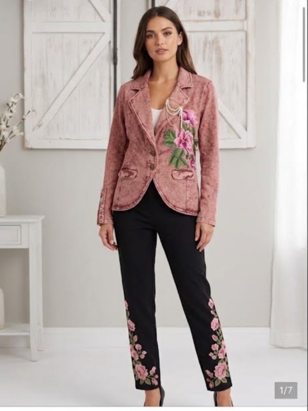 Aratta Dusty Rose Embroidered Floral Blazer with Pearl Chain Accent nwt 19 ptp